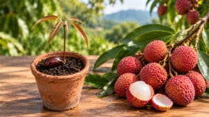 Germination d'un noyau de litchi, litchi germé et fruits