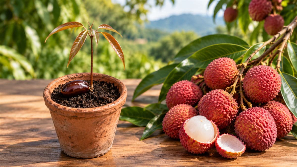 Germination d'un noyau de litchi, litchi germé et fruits