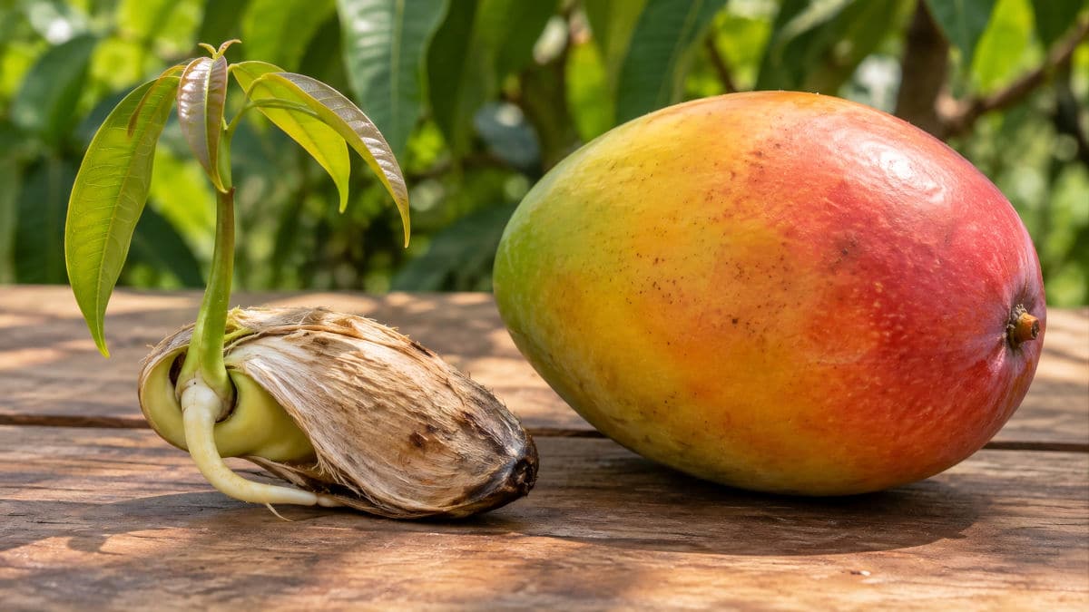Germination d'un noyau de mangue, mangue germée et fruit