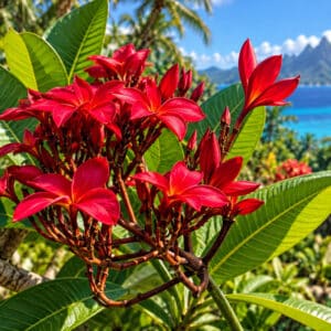 Plumeria rubra, Inflorescence et feuillage de Plumeria rubra, Frangipanier rouge