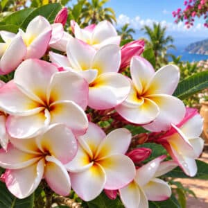Plumeria rubra cv. Great Diamond, Fleurs de Frangipanier 'Great Diamond', Floraison de Plumeria 'Great Diamond', Frangipanier 'Great Diamond'