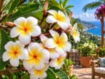 Plumeria rubra cv. Ladavan, Fleurs de Frangipanier 'Ladavan', Floraison de Plumeria 'Ladavan', Frangipanier 'Ladavan'