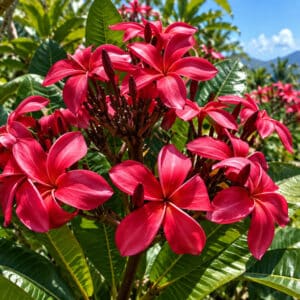 Plumeria rubra cv. Tahitian Red, Fleurs de Frangipanier 'Tahitian Red', Plumeria 'Tahitian Red', Frangipanier 'Tahitian Red'