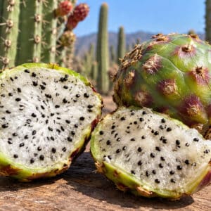 Fructification de Stenocereus queretaroensis, Fruits de Pitaya de Querétaro, découpe de fruits de Pitaya de Querétaro, découpe des fruits de Stenocereus queretaroensis